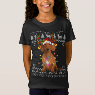 Dachshund Christmas Tree Light Santa Hat Dog Lover T-Shirt