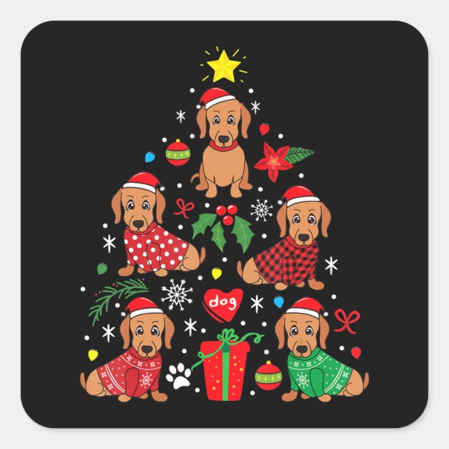 Dachshund Christmas Tree Ornament Funny Weenie Dog Square Sticker (Front)