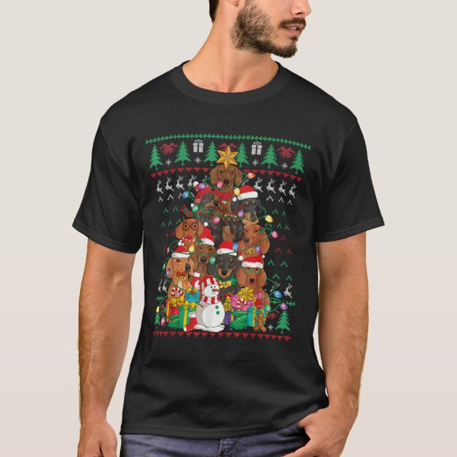 Dachshund Christmas Tree Santa Hat Ugly Sweater Do (Front)