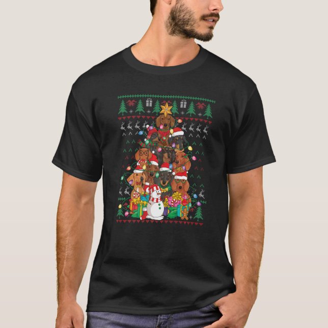 Dachshund Christmas Tree Santa Hat Ugly Sweater Do (Front)