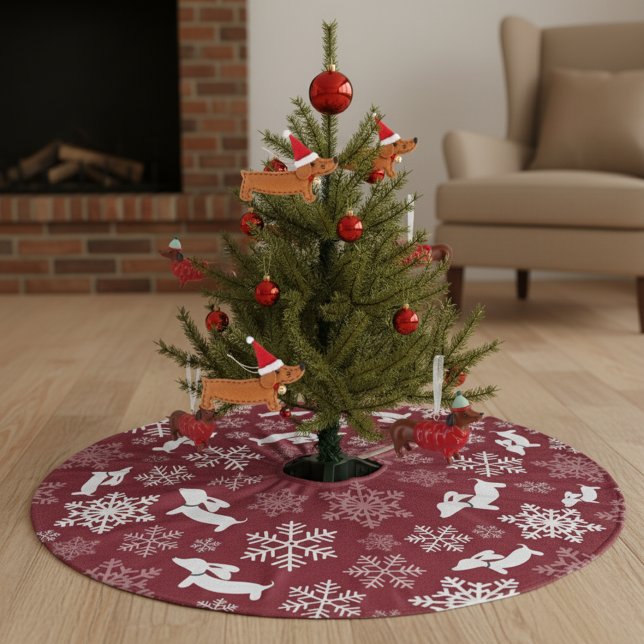 Dachshund Christmas Tree Skirt Wiener Dog Holiday (Dachshund Christmas tree skirt - red and white with snowflakes and dancing wiener dogs)