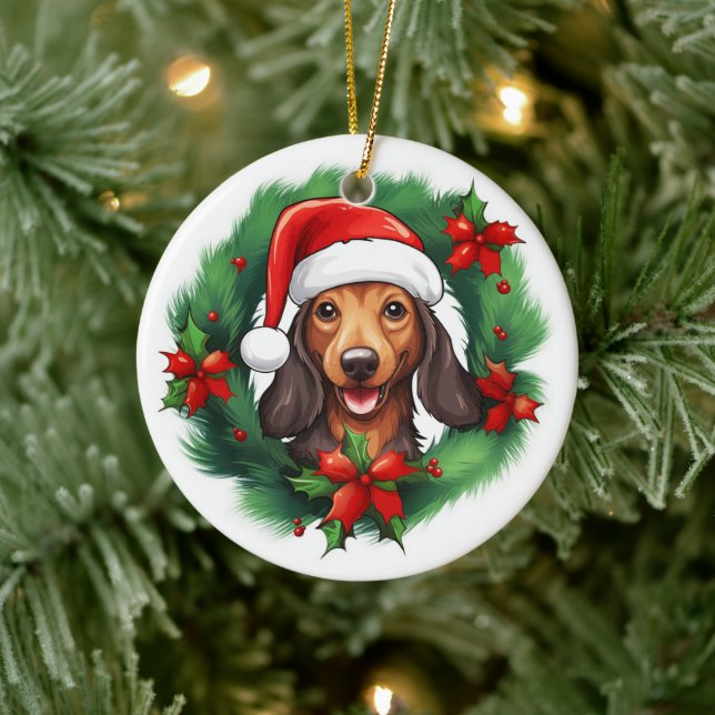 Dachshund Christmas Wreath Ceramic Tree Decoration (Tree)