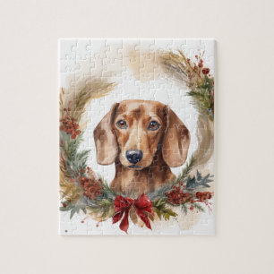 Dachshund Christmas Wreath Festive Pup  Jigsaw Puzzle