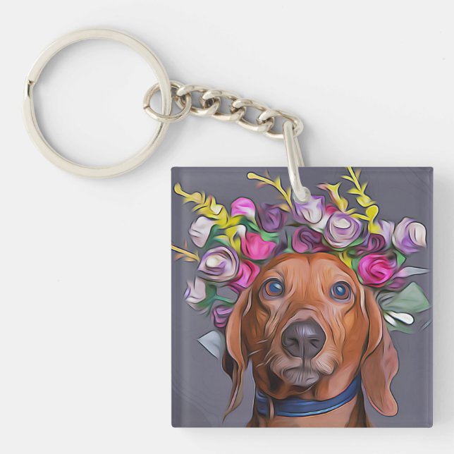 Dachshund Close Up Of Dachshund Wearing Flowers Key Ring (Front)