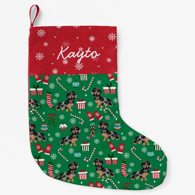 Dachshund custom dog name small christmas stocking (Front)