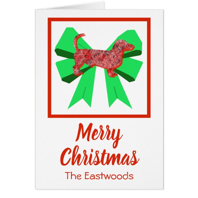 Dachshund Cute Christmas Dog & Green Bow Card (Front)