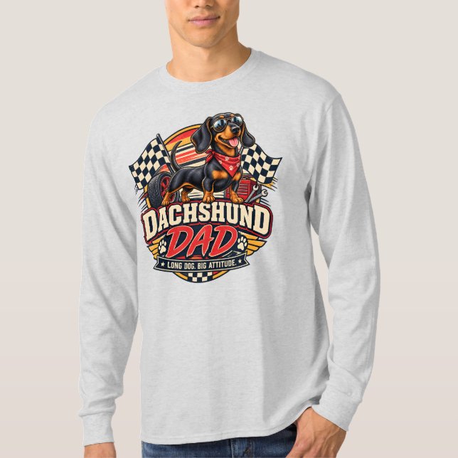 Dachshund Dad Racing Chequered Flag Long Dog T-Shirt (Front)
