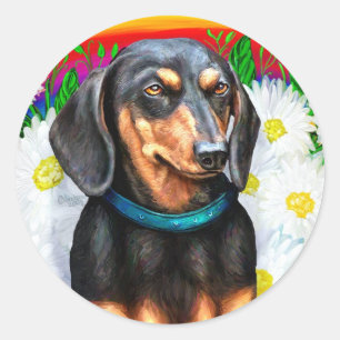 Dachshund Daisy Patch B&T Classic Round Sticker