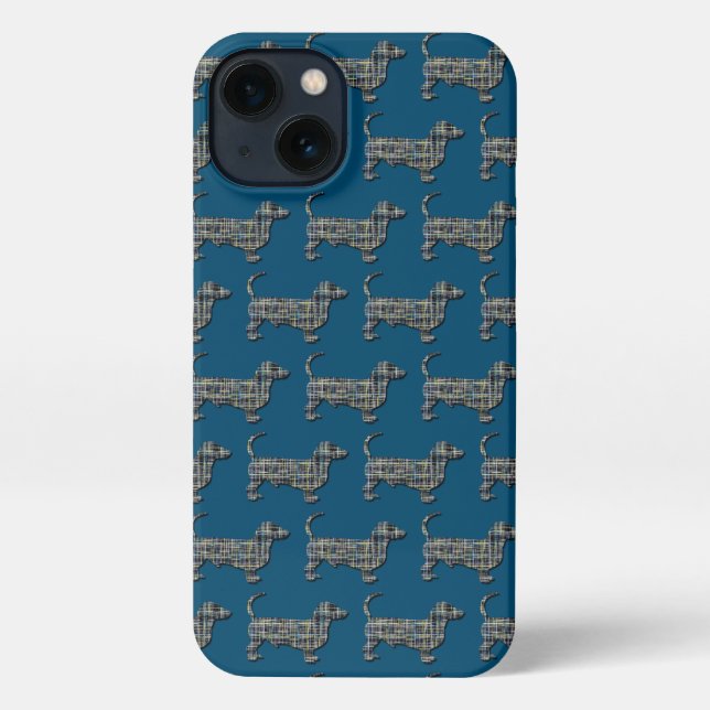 Dachshund Daxie Dog Cute Silhouette Grid Blue iPhone Case (Back)