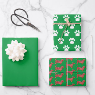 Dachshund Daxie Dog Silhouette Green Merry Woofmas Wrapping Paper Sheet