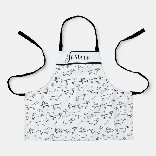 Dachshund Dog Black Puppy Doodle Pattern Kids Apron (Front)