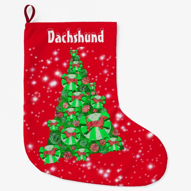 Dachshund Dog Christmas Big Tree Decoration Red Large Christmas Stocking (Front)