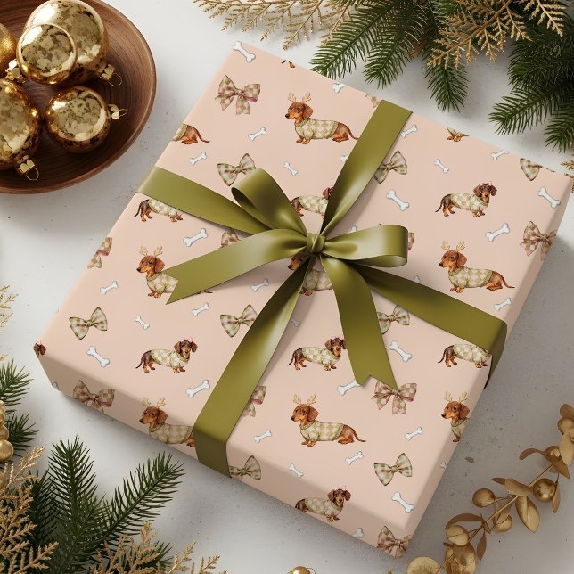 Dachshund Dog Christmas Chequerboard Sweater Bow Wrapping Paper (Dachshund Dog Christmas Checkerboard Sweater Bow Wrapping Paper)