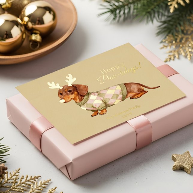 Dachshund Dog Christmas Chequered Sweater Photo (Dachshund Dog Christmas Checkered Sweater Photo Foil Holiday Card)