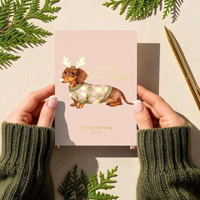 Dachshund Dog Christmas Chequered Sweater Photo (Dachshund Dog Christmas Checkered Sweater Photo Foil Holiday Card)