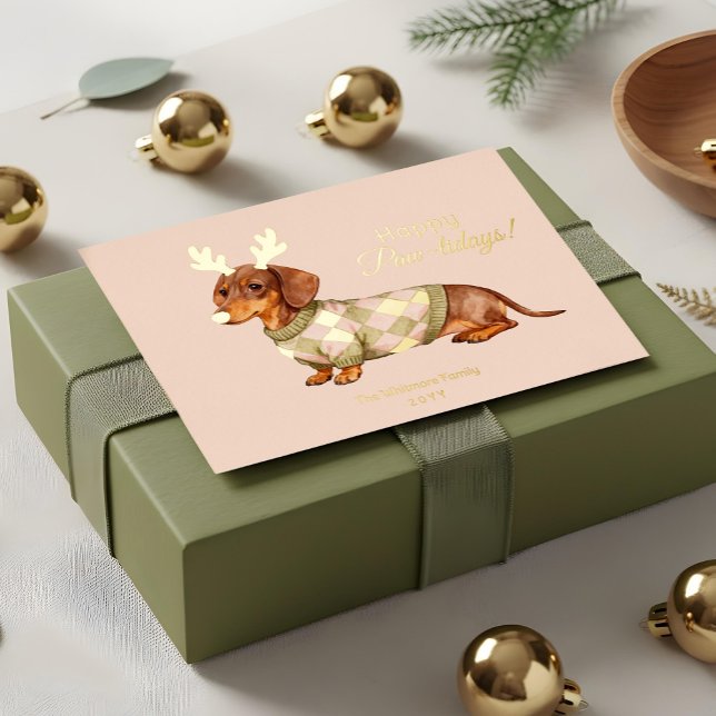 Dachshund Dog Christmas Chequered Sweater Photo (Dachshund Dog Christmas Checkered Sweater Photo Foil Holiday Card)