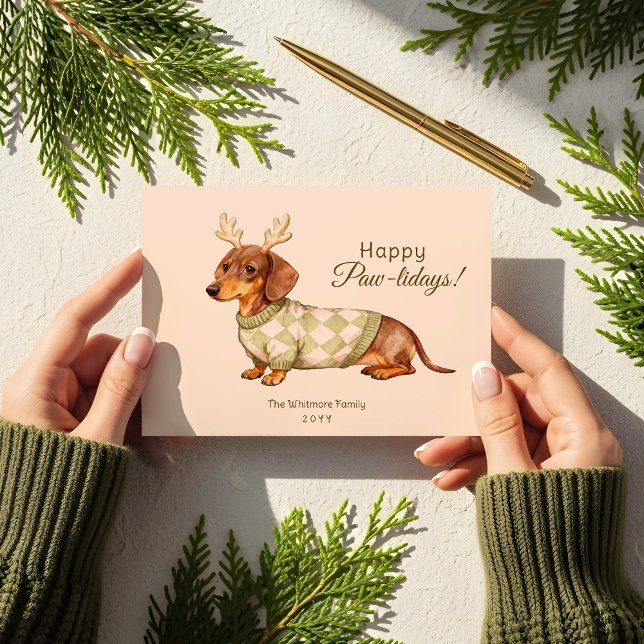 Dachshund Dog Christmas Chequered Sweater Photo Holiday Card (Dachshund Dog Christmas Checkered Sweater Photo Holiday Card)