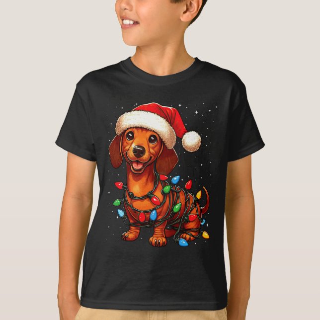 Dachshund Dog Christmas Lights Santa Hat Xmas Snow T-Shirt (Front)