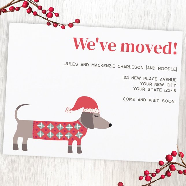 Dachshund Dog Christmas Moving Announcement (Fun Dachshund Wiener Sausage dog Christmas change of address moving announcement postcard)
