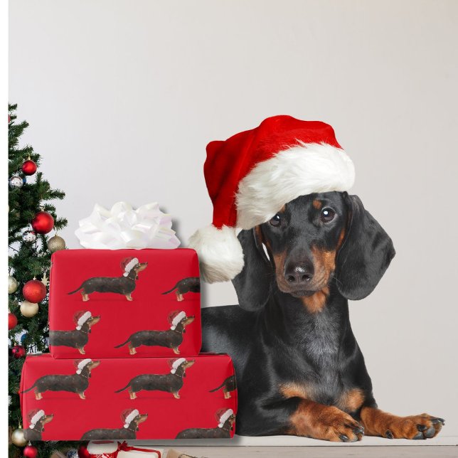 Dachshund Dog Christmas Red Santa Hat Wrapping Paper (Creator Uploaded)