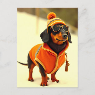 Dachshund Dog Dressed in Ski Wear Postcard