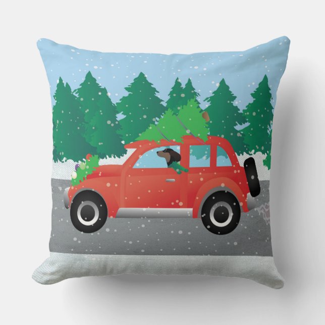 Dachshund Dog Driving Car - Christmas Tree on Top Cushion (Front)