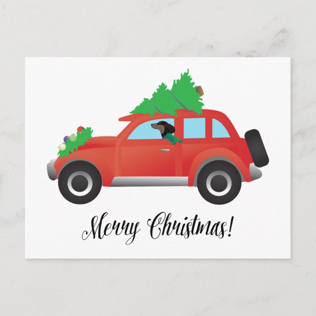 Dachshund Dog Driving Car - Christmas Tree on Top Holiday Postcard (Front)