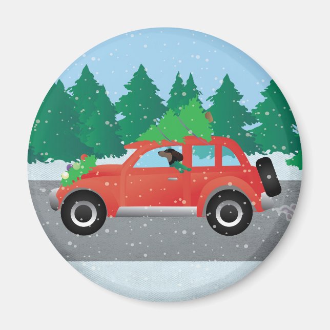 Dachshund Dog Driving Car - Christmas Tree on Top Magnet (Front)