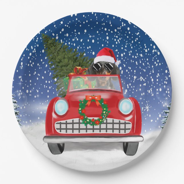 Dachshund Dog Driving Car In Snow Christmas Paper Plate (Front)