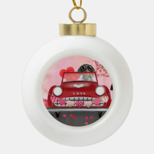Dachshund Dog Driving Car with Hearts Valentine's Ceramic Ball Christmas Ornament