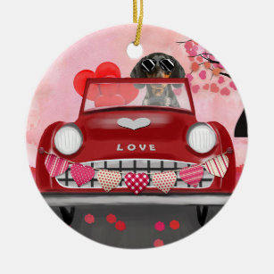 Dachshund Dog Driving Car with Hearts Valentine's  Ceramic Tree Decoration