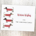Dachshund Dog Fun  Holiday Postcard<br><div class="desc">Cute and adorable Dachshund Sausage or Wiener dogs in festive red and white knitted sweaters.  Change the name and the greeting to personalise.  Reverse features a matching little dog.  Original art by Nic Squirrell.</div>
