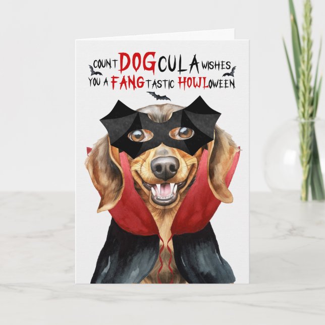 Dachshund Dog Funny Count DOGcula Halloween Holiday Card (Front)