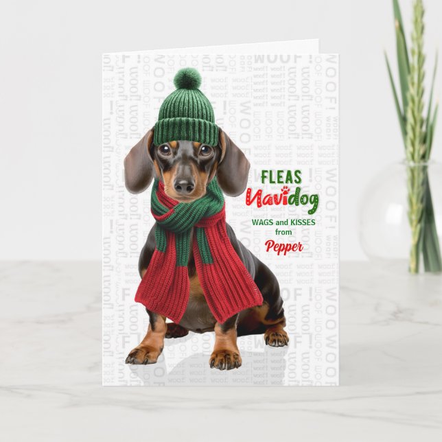 Dachshund Dog Funny Fleas Navidog with Name Holiday Card (Front)