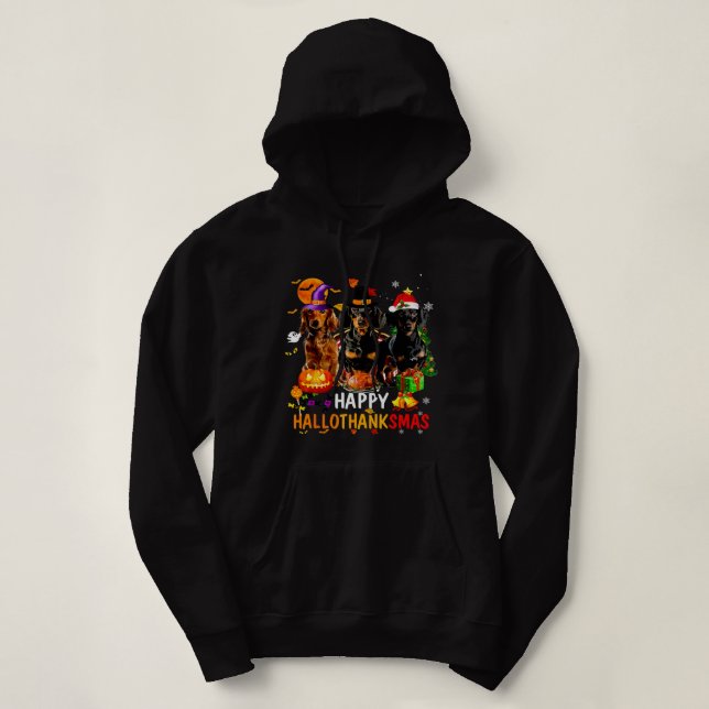 Dachshund Dog Halloween Merry Christmas Happy Hall Hoodie (Design Front)