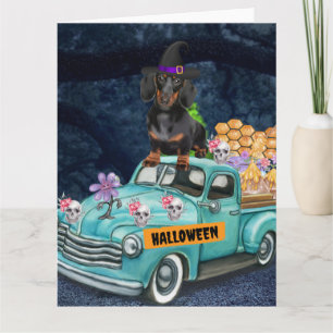 Dachshund Dog Halloween Truck Scary Night Card
