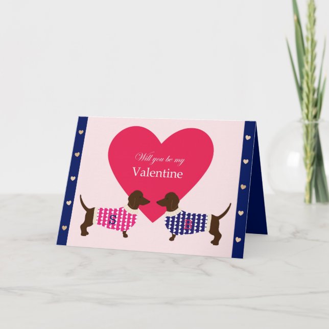 Dachshund Dog Heart Monogram Initial Folded Holiday Card (Front)