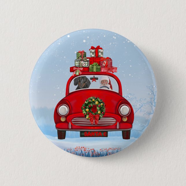 Dachshund Dog In Car With Santa Claus 6 Cm Round Badge (Front)