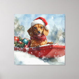 Dachshund Dog in Sledge Let it Snow Christmas Canvas Print