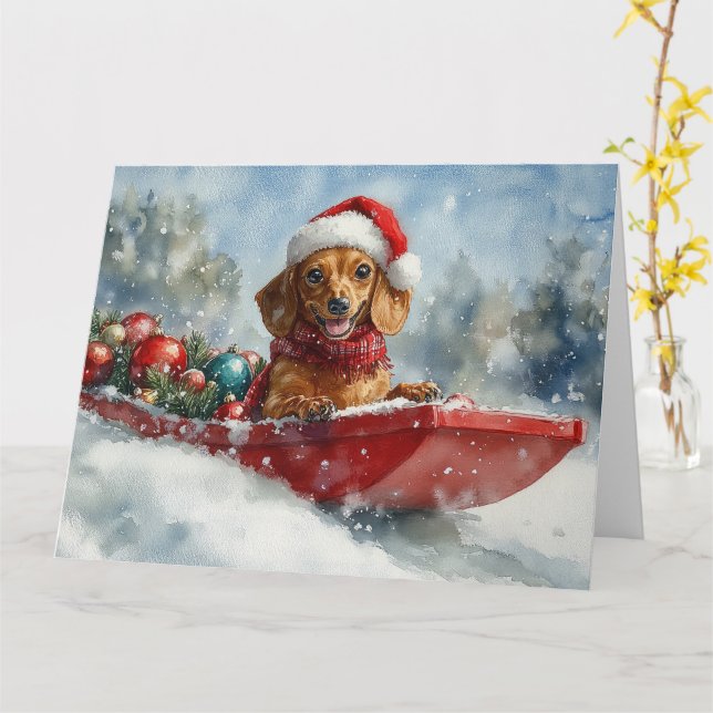 Dachshund Dog in Sledge Let it Snow Christmas Card (Yellow Flower)