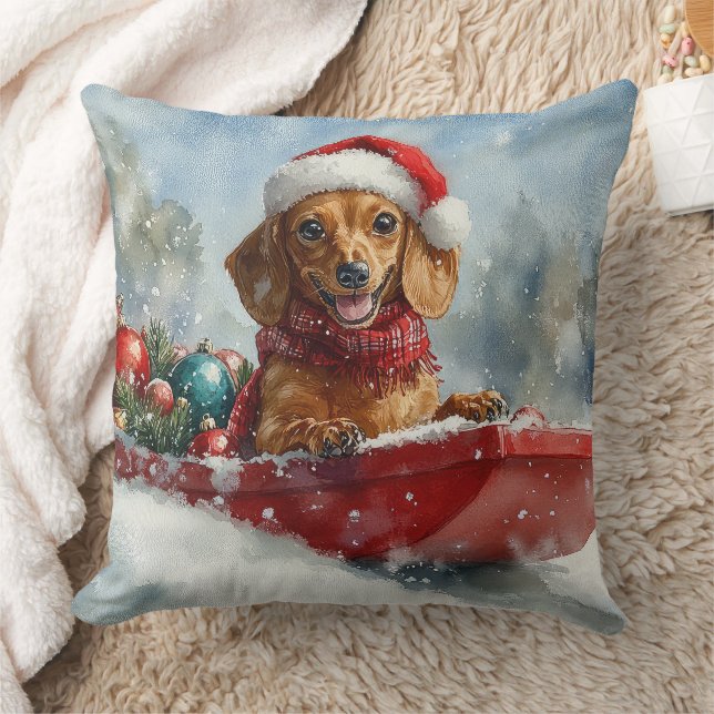 Dachshund Dog in Sledge Let it Snow Christmas Cushion (Blanket)