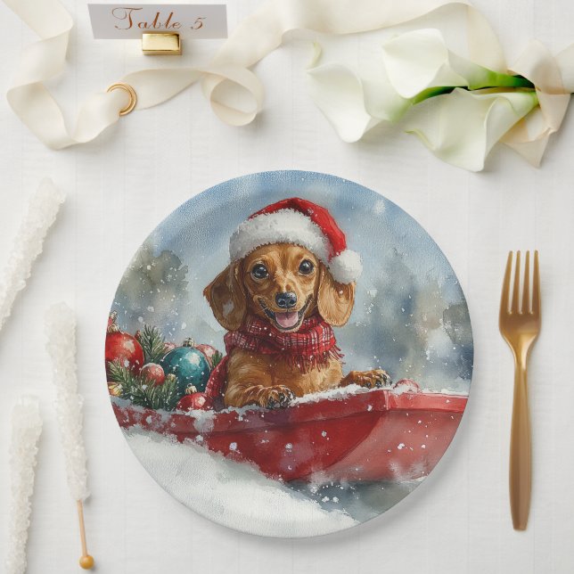 Dachshund Dog in Sledge Let it Snow Christmas Paper Plate (Wedding)