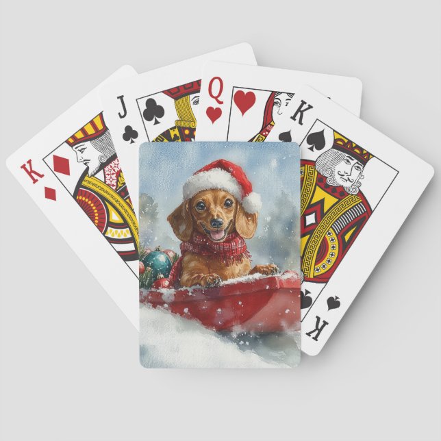 Dachshund Dog in Sledge Let it Snow Christmas Playing Cards (Back)