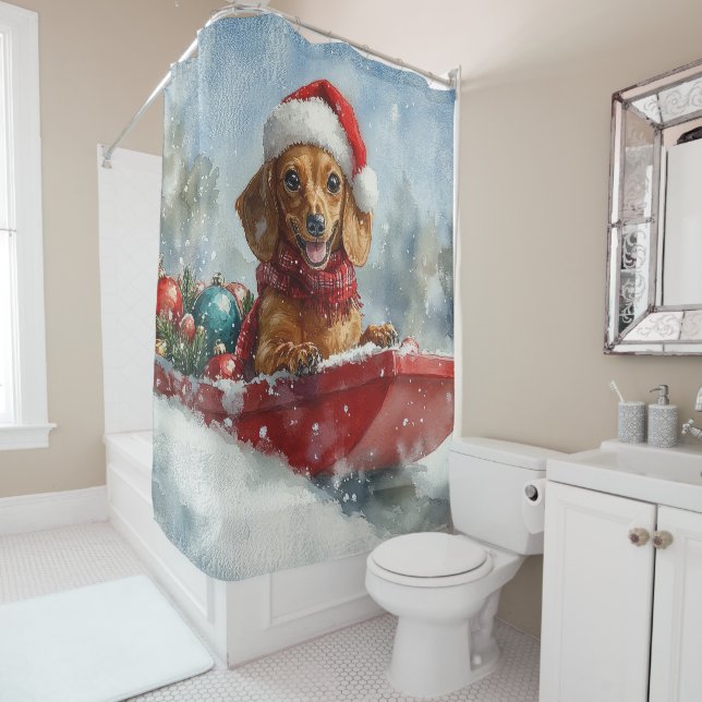Dachshund Dog in Sledge Let it Snow Christmas Shower Curtain (In Situ)