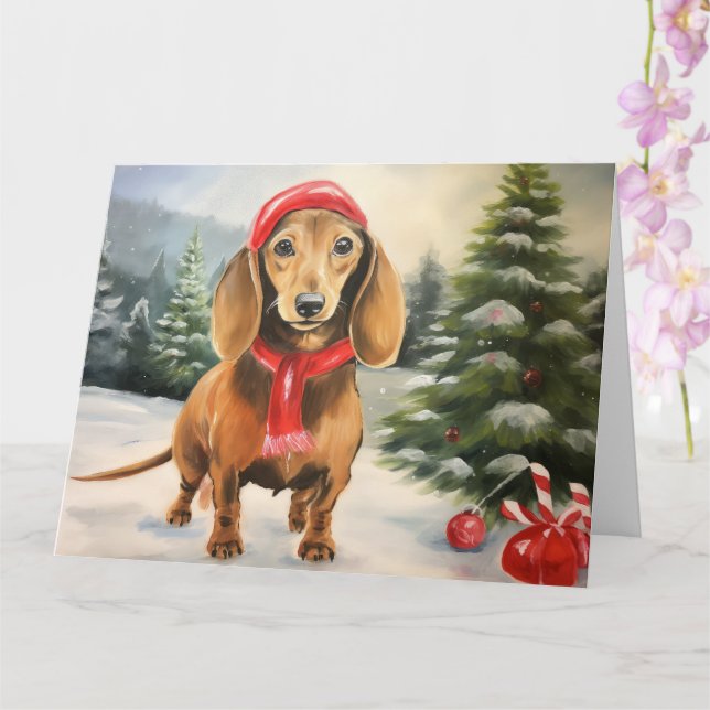 Dachshund Dog in Snow Christmas  Card (Orchid)