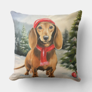 Dachshund Dog in Snow Christmas  Cushion
