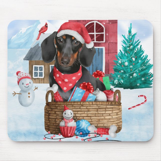 Dachshund Dog In snow Christmas Dog House  Mouse Pad (Front)
