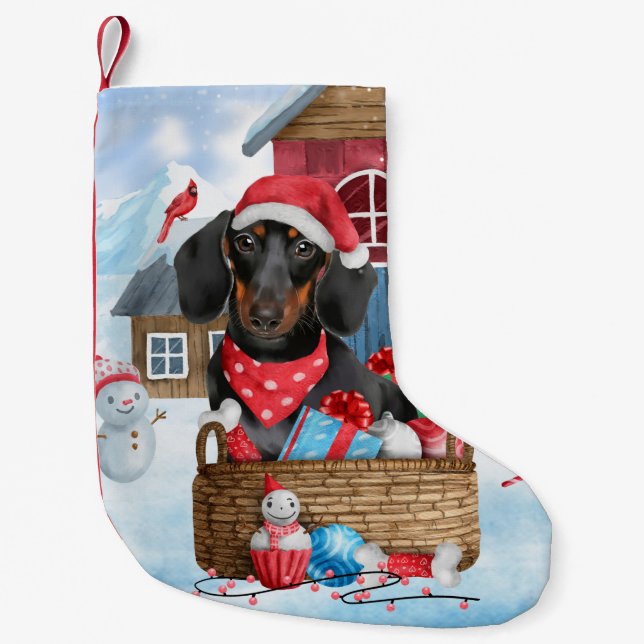 Dachshund Dog In snow Christmas Dog House  Small Christmas Stocking (Front)