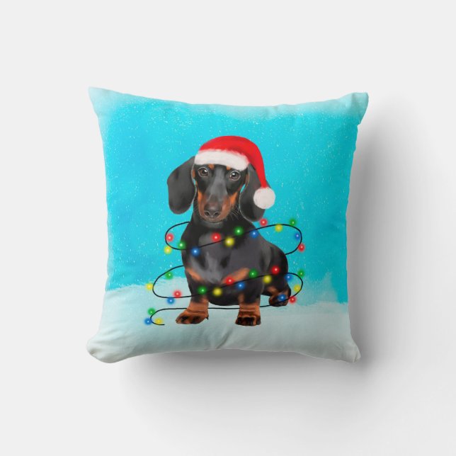 Dachshund Dog in Snow Christmas Hat Lights Cushion (Front)