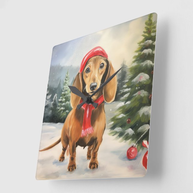 Dachshund Dog in Snow Christmas  Square Wall Clock (Angle)